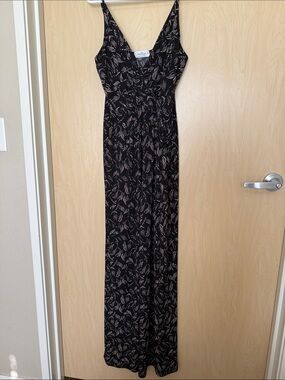 Kaileigh Black Jumpsuit with Beige Leaf Print